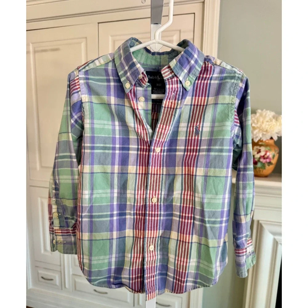 Ralph Lauren Kids Plaid Button Down Shirt‎ 3T Green Purple Cotton Long Sleeve
